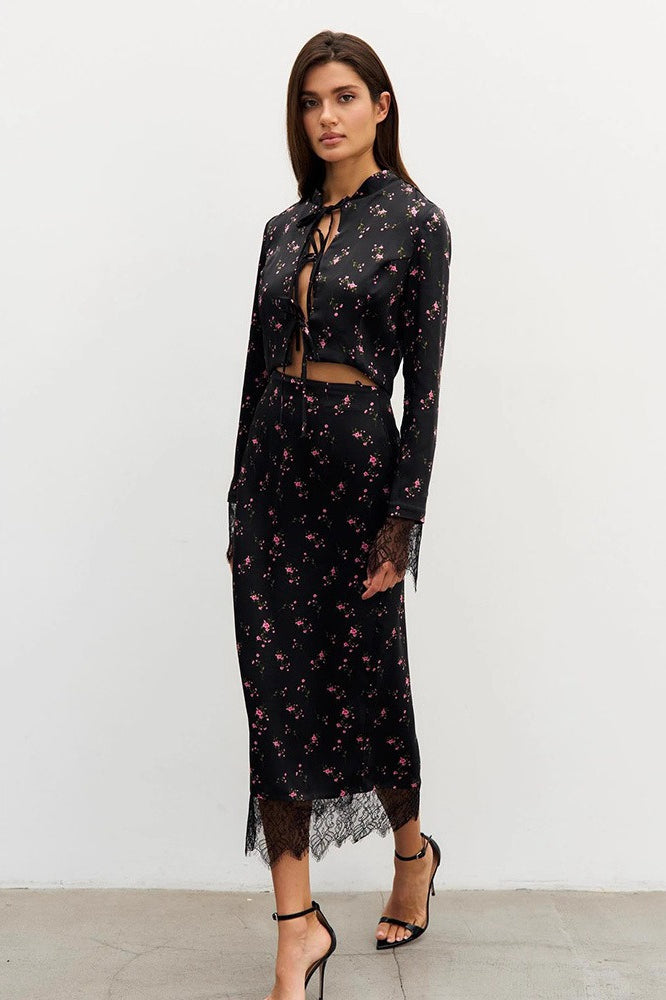 Button Front Floral Long Sleeve Blouse Skirt Set Secondary image