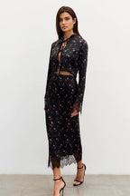 Button Front Floral Long Sleeve Blouse Skirt Set