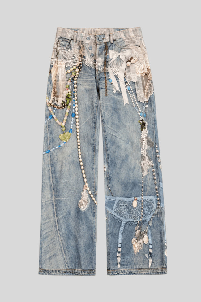 3D Lace Pearl Applique Wide Leg Jeans Main image