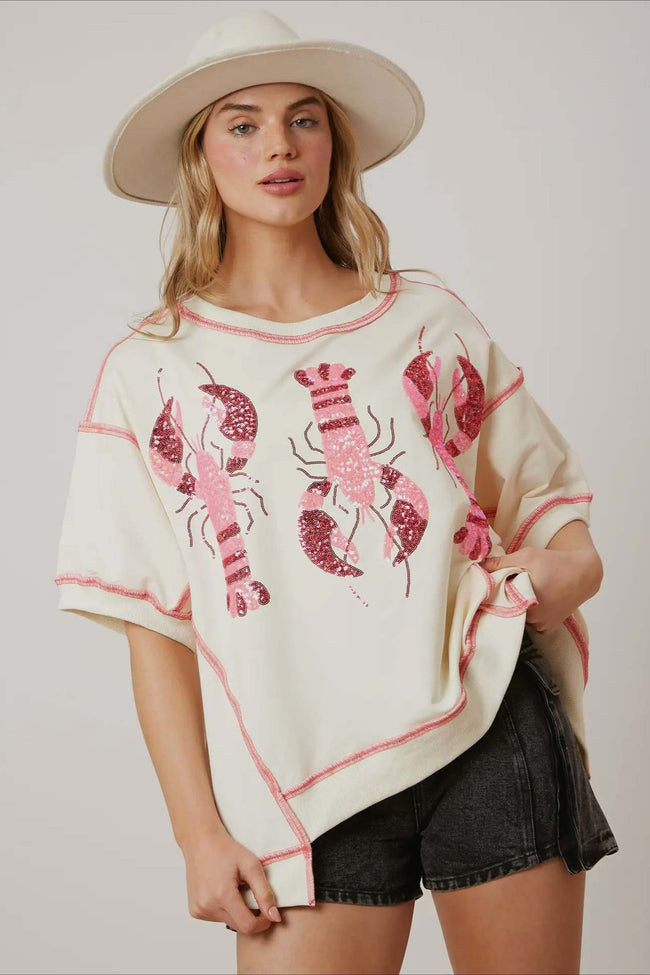 Sequin Lobster Contrast Stitch Oversized T-Shirt Main image
