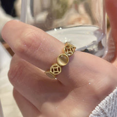 Geometric Round Coin Hollow Opal Open Ring