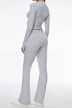 Casual V Neck Flared Stretch Two Piece Pants Set