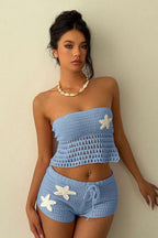 Floral Knit Crochet Crop Bodycon Shorts Set