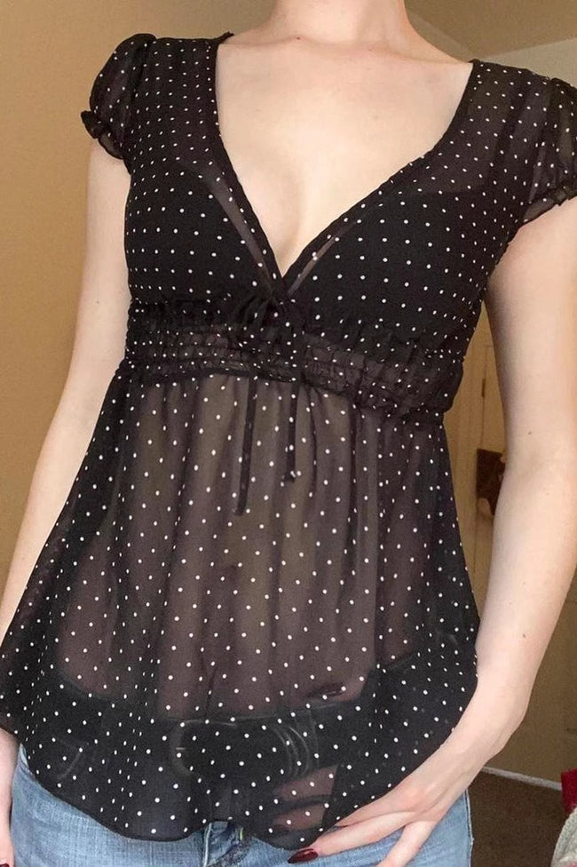 Polka Dot Sheer V-Neck Slim Fit Crop Top Main image