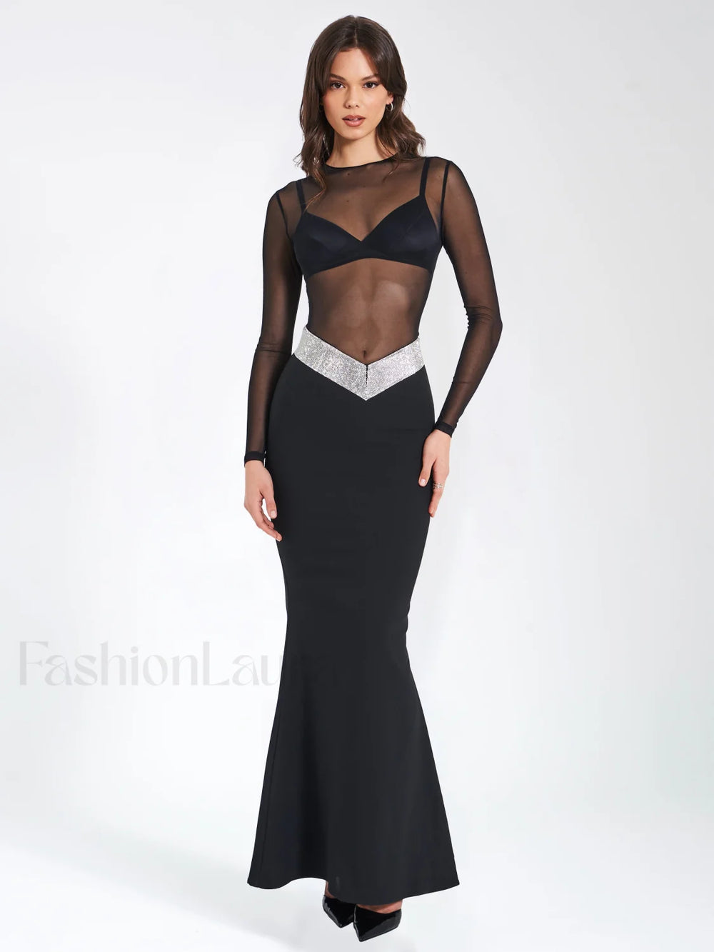 Aggie Black Sheer Maxi Graceful Dress With Crystal Waist Trim S / US 4 6 Dresses