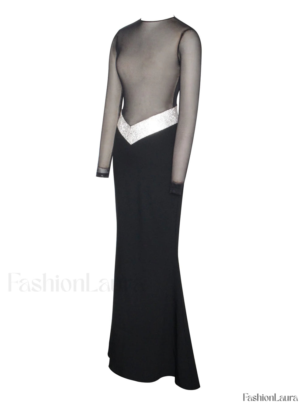 Aggie Black Sheer Maxi Graceful Dress With Crystal Waist Trim Dresses