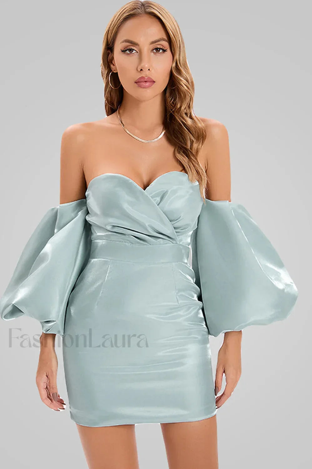 Alexandrine Puff Stylish Sleeve Mini Dress S / Aqua Main image