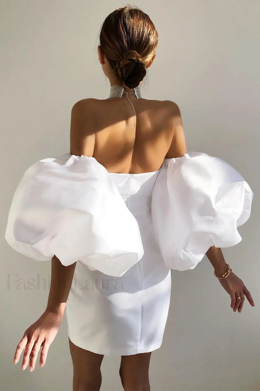 Alexandrine Puff Stylish Sleeve Mini Dress S / White