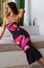 Allegra Midi Dress Trendy Black Floral Print Dress
