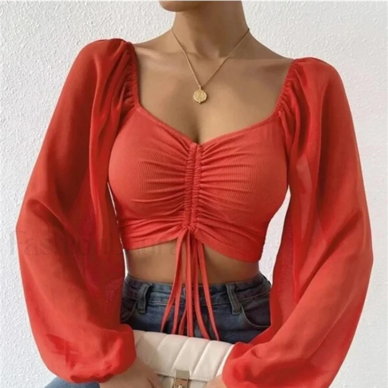 ALLUKASA Sexy Mesh Lantern Sleeve Crop Top dark green / S