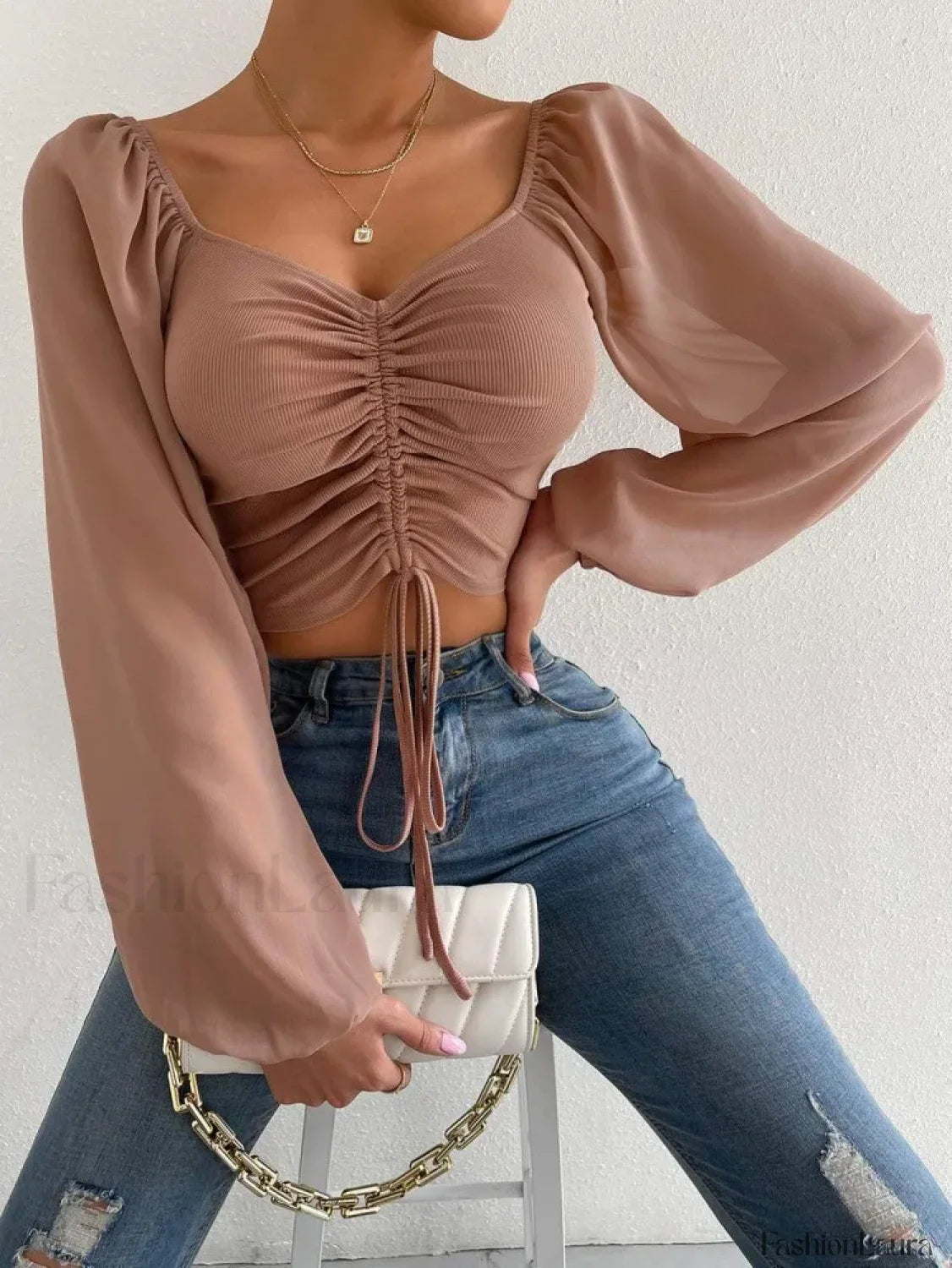 ALLUKASA Sexy Mesh Lantern Sleeve Crop Top khaki / S