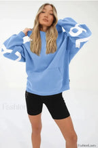 American Retro Letter Print Oversized Hoodie Blue / S