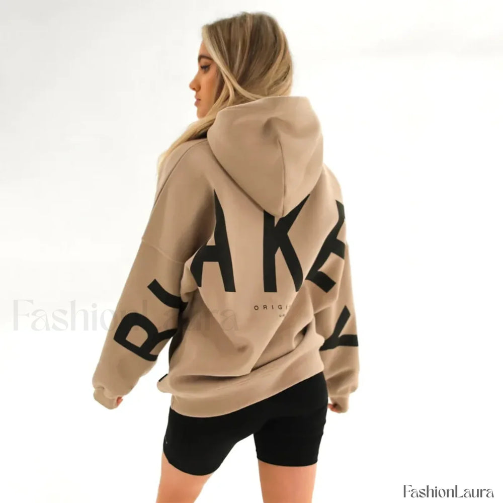 American Retro Letter Print Oversized Hoodie Khaki / S