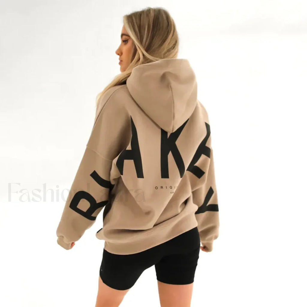 American Retro Letter Print Oversized Hoodie Khaki / S