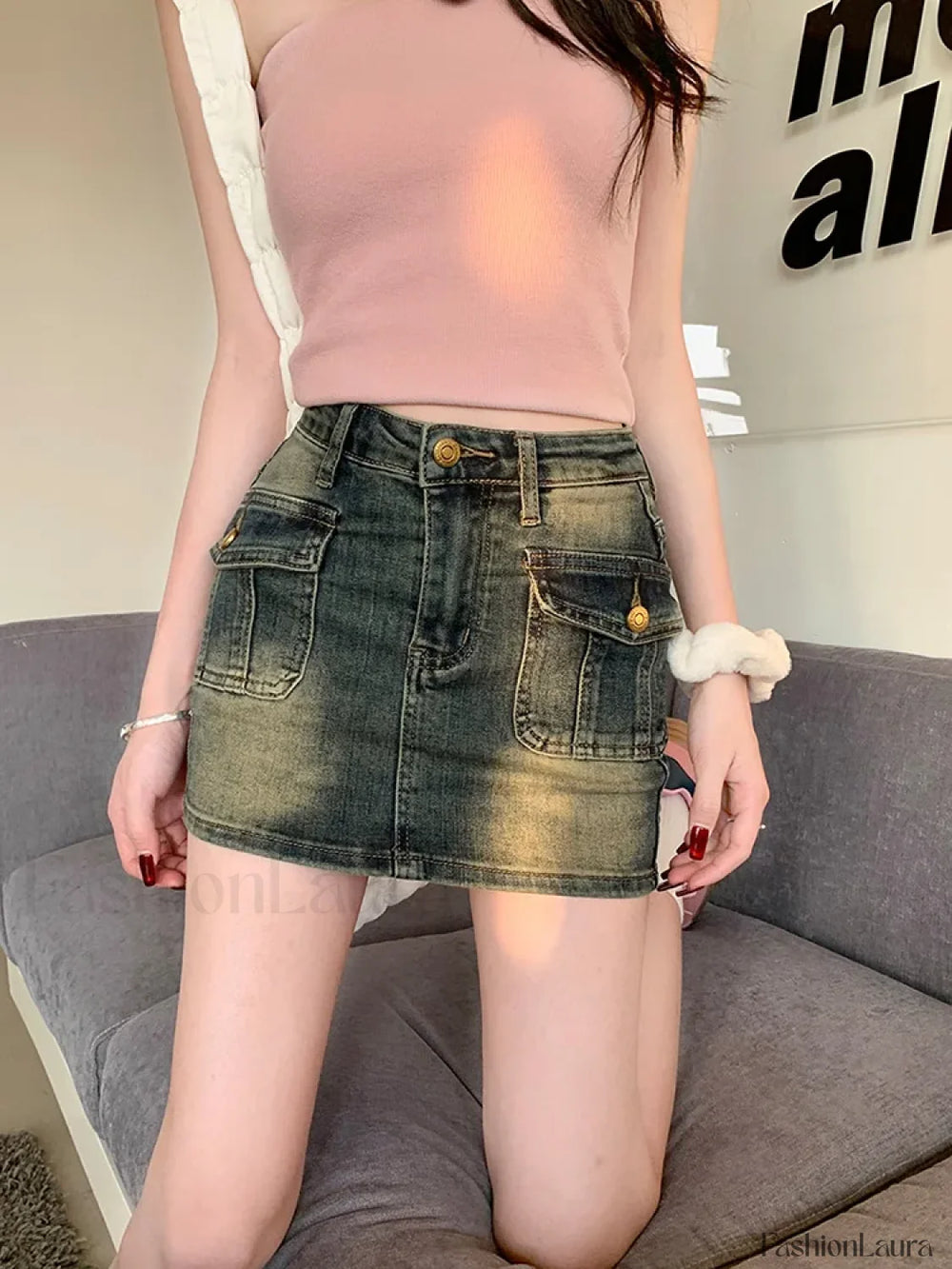 American Retro Street Denim Mini Skirt Dark Blue / S