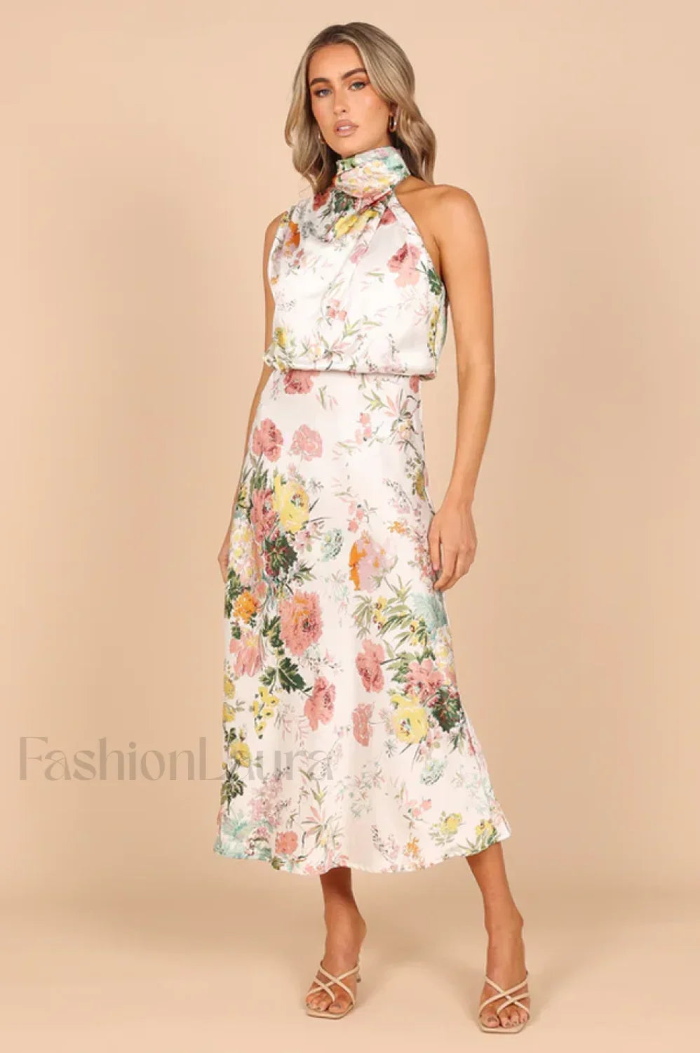 Anabelle Halter Stylish Neck Midi Dress S / White Floral Main image