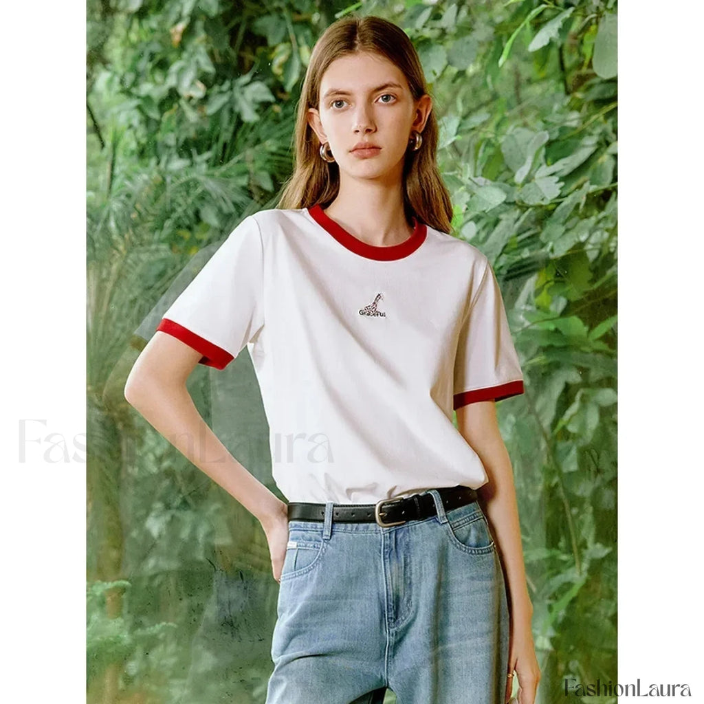 Animal Embroidery Contrast Cotton T Shirt Beige / S