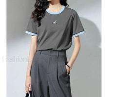 Animal Embroidery Contrast Cotton T Shirt Dark Gray / S
