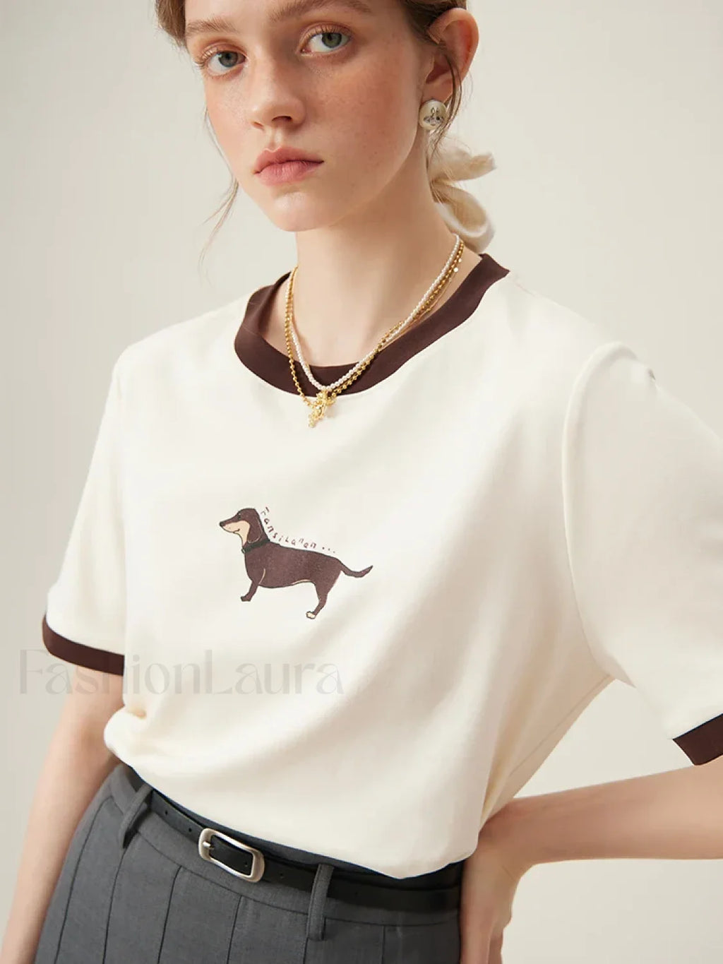 Animal Print Loose Cotton Round T Shirt Beige / S