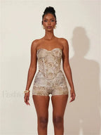 Animal Print Strapless Shorts Two Piece Set Khaki / S
