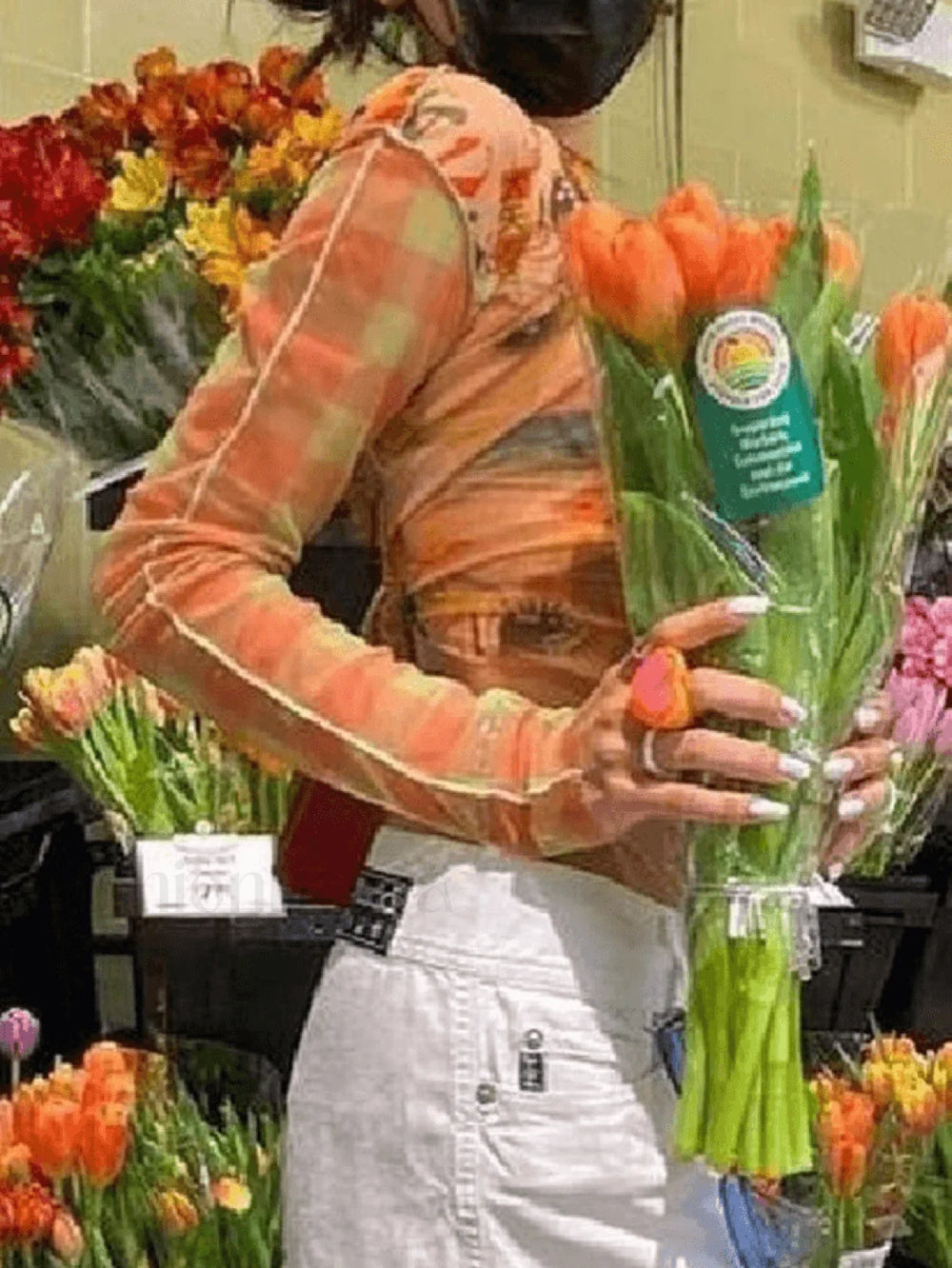 Anime Printed Long Sleeve Mesh Crop Top Tops&Tees