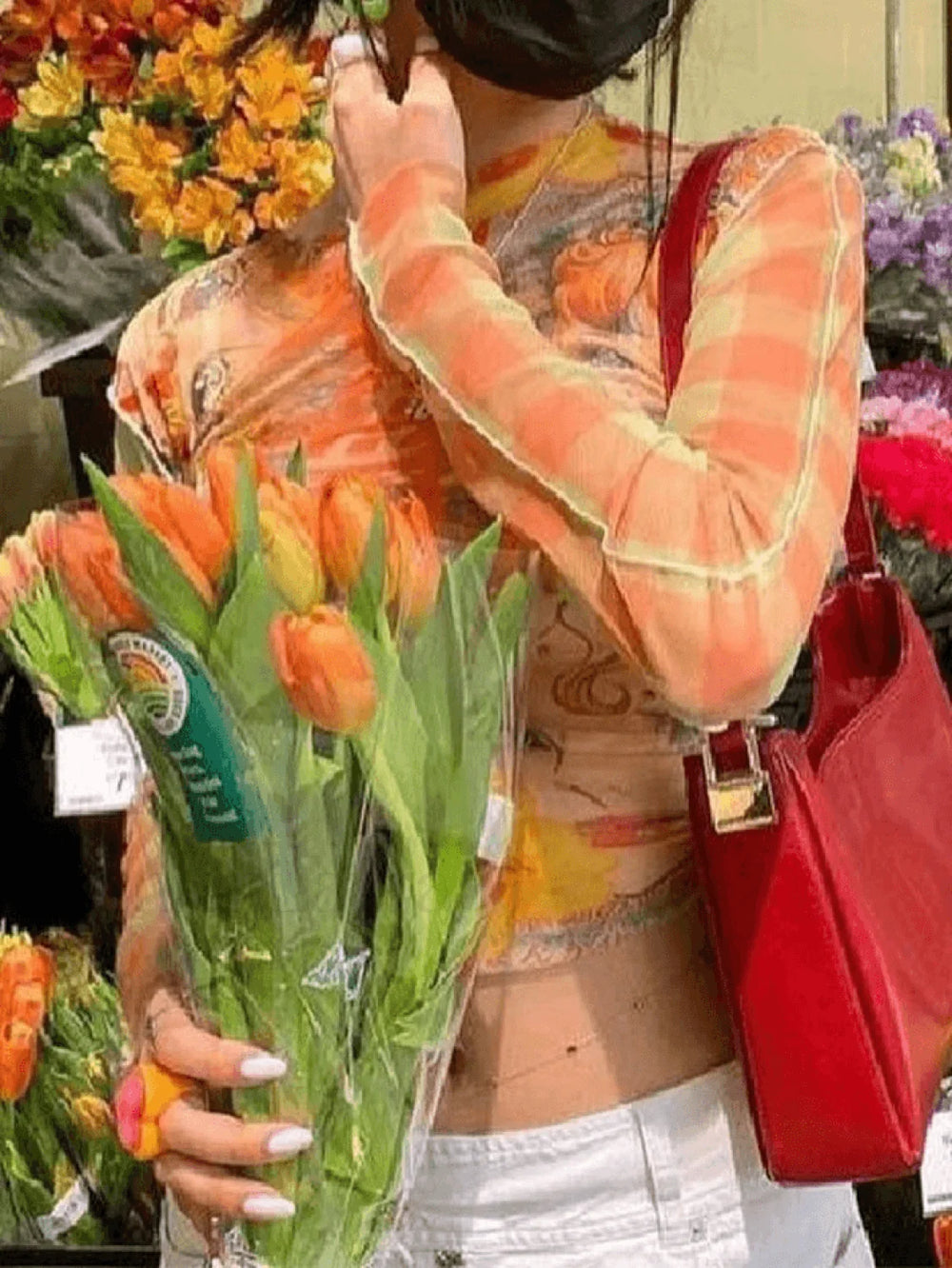 Anime Printed Long Sleeve Mesh Crop Top Tops&Tees