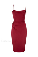 Anja Wine Satin Charming Corset Midi Dress