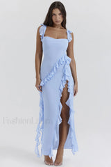Ariela Soft Blue Charming Ruffle Maxi Dress XS / Soft Blue