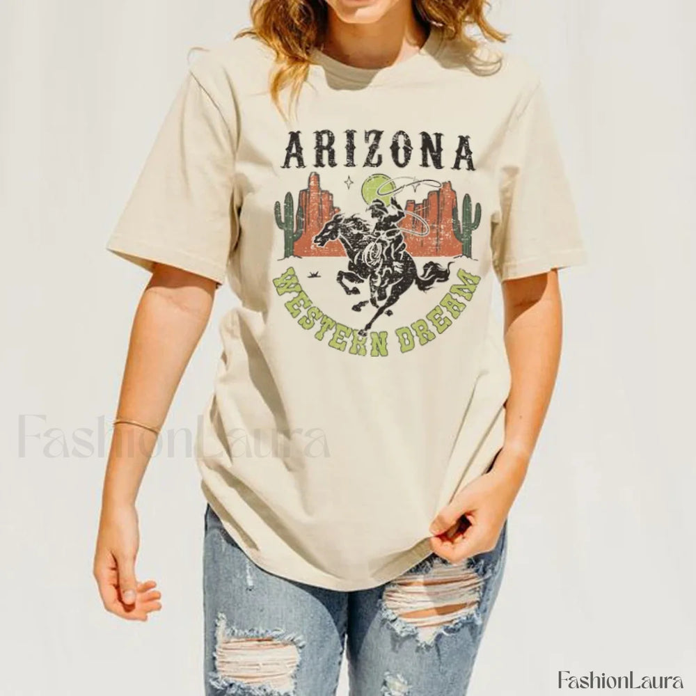 Arizona Cowboy Desert Cactus Western T Shirt Beige / S