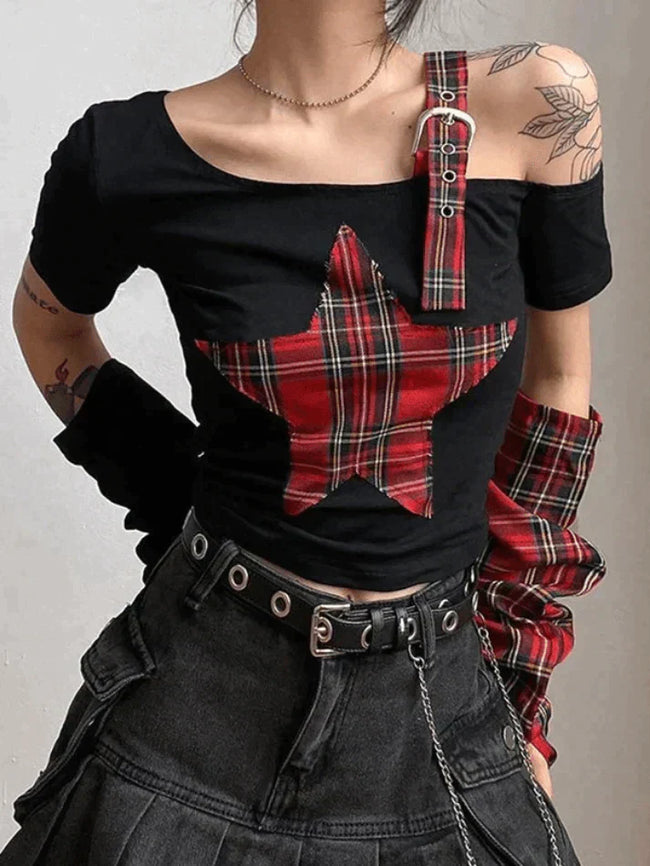 Arm Gloves Cold Shoulder Star Black Crop Top Black / S Tops&Tees Main image