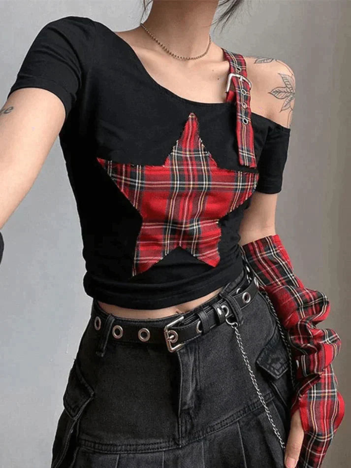 Arm Gloves Cold Shoulder Star Black Crop Top Tops&Tees