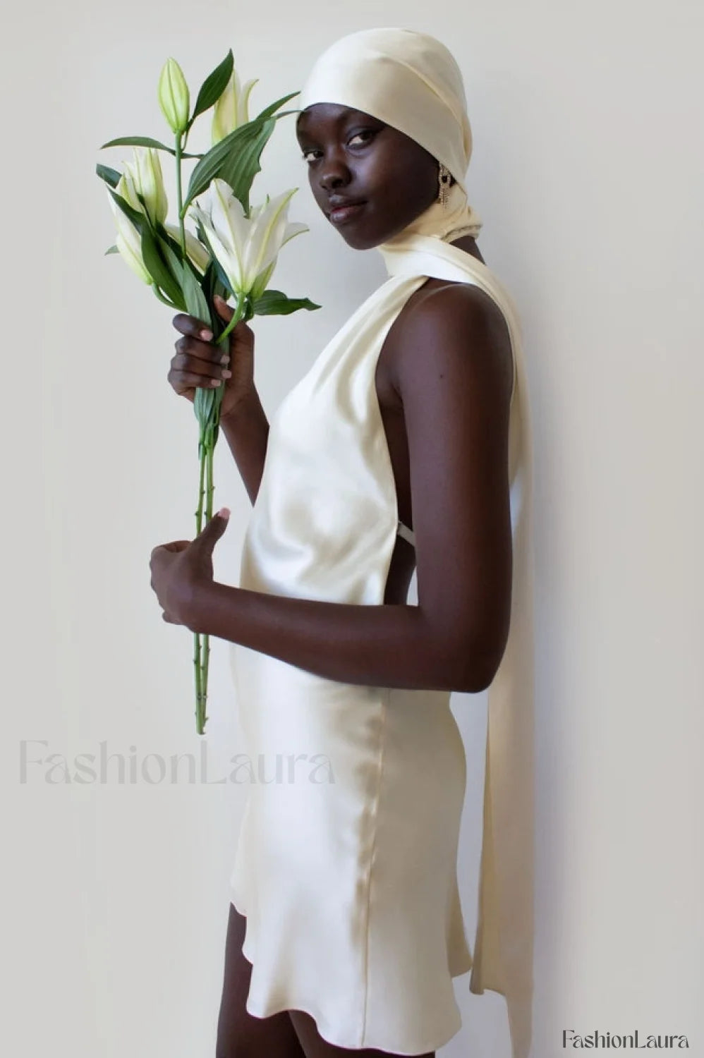Astrella Neck Wrap Charming Midi A Line Dress L / Ivory