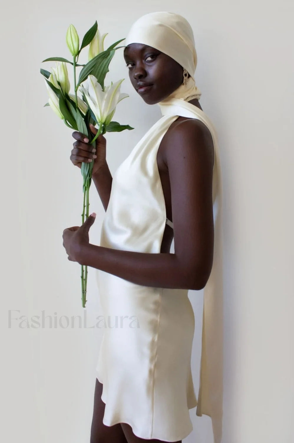 Astrella Neck Wrap Charming Midi A Line Dress L / Ivory