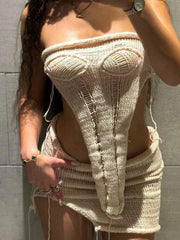 Asymmetric Distressed Knitted Two Piece Set Apricot / S Two Piece Outfits