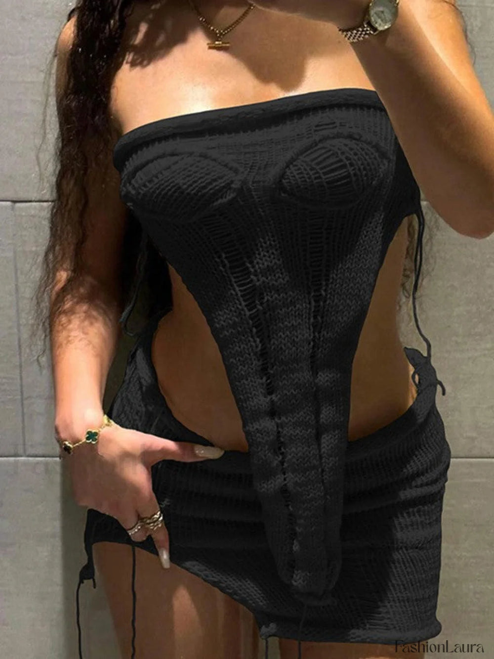 Asymmetric Distressed Knitted Two Piece Set Black / S Two Piece Outfits