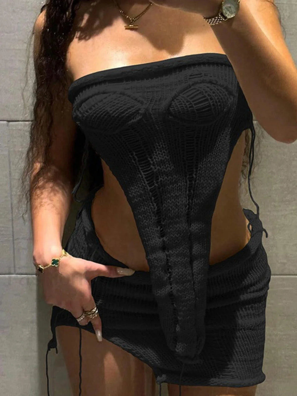 Asymmetric Distressed Knitted Two Piece Set Black / S Two Piece Outfits