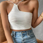 Asymmetric Grunge Neck Crop Top WHITE / S