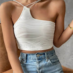 Asymmetric Grunge Neck Crop Top WHITE / S