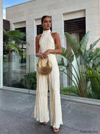 Asymmetric Halter Crop Top With Wide Leg Pants Set Champagne / XS Pant Sets