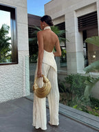 Asymmetric Halter Crop Top With Wide Leg Pants Set Pant Sets