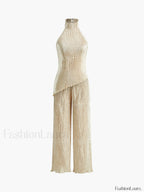 Asymmetric Halter Crop Top With Wide Leg Pants Set Pant Sets