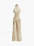 Asymmetric Halter Crop Top With Wide Leg Pants Set Pant Sets
