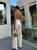 Asymmetric Halter Crop Top With Wide Leg Pants Set Pant Sets