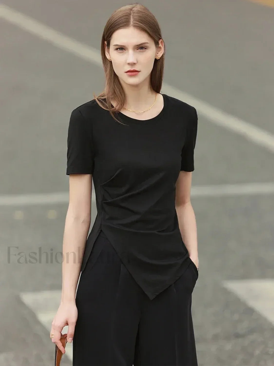 Asymmetric Neck Solid T Shirt Main image