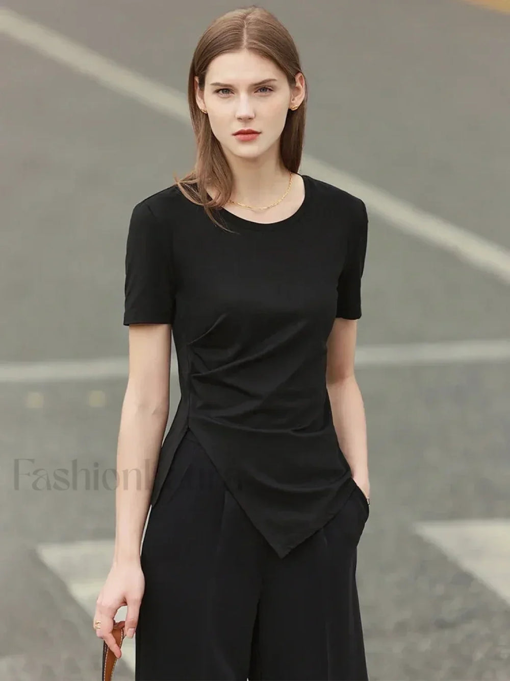 Asymmetric Neck Solid T Shirt