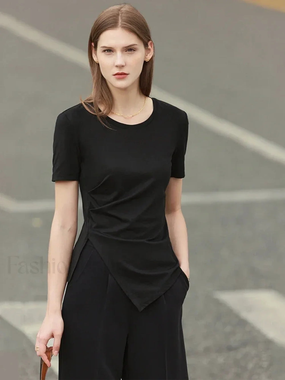 Asymmetric Neck Solid T Shirt Black / S