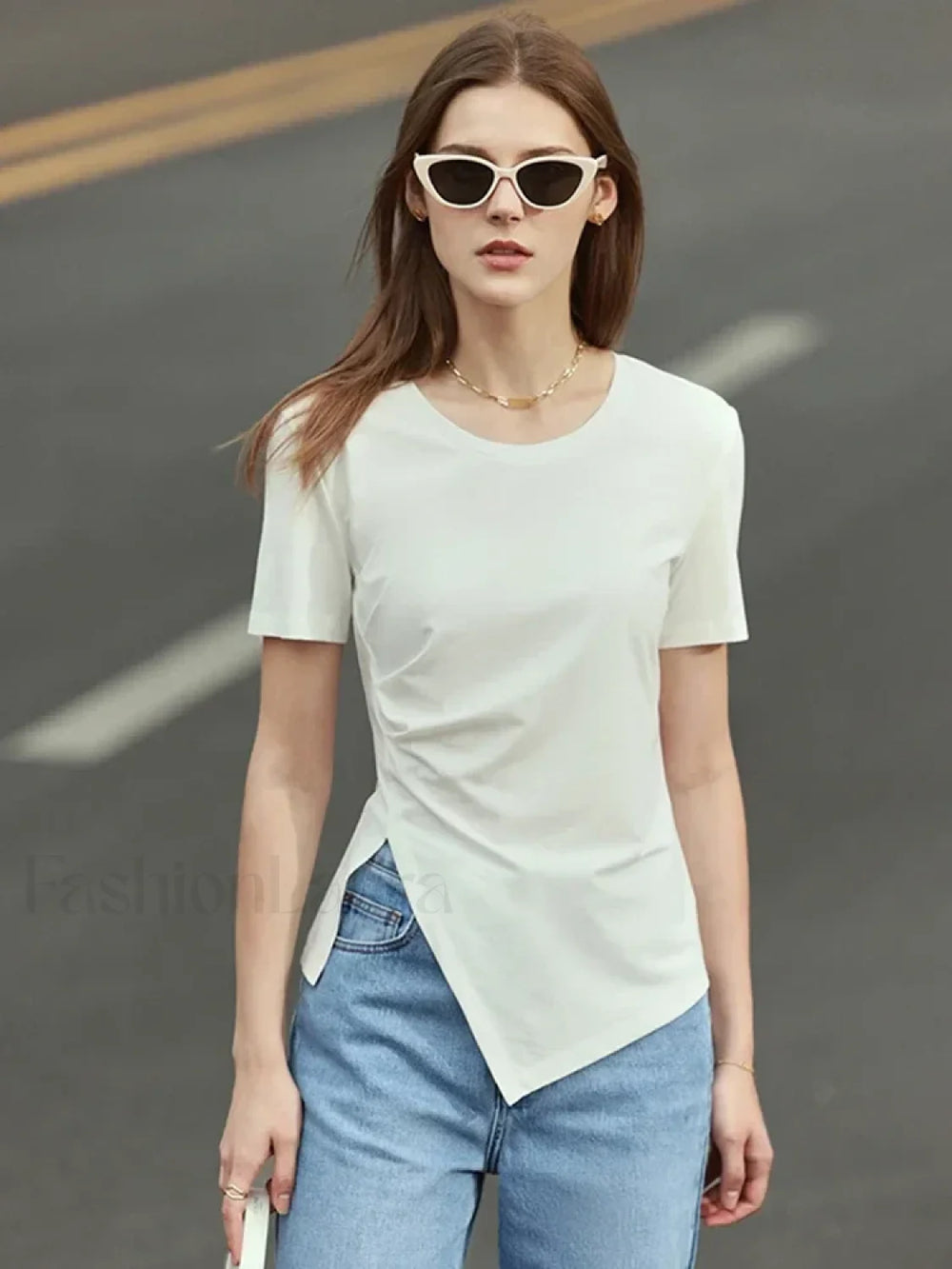 Asymmetric Neck Solid T Shirt Beige / S