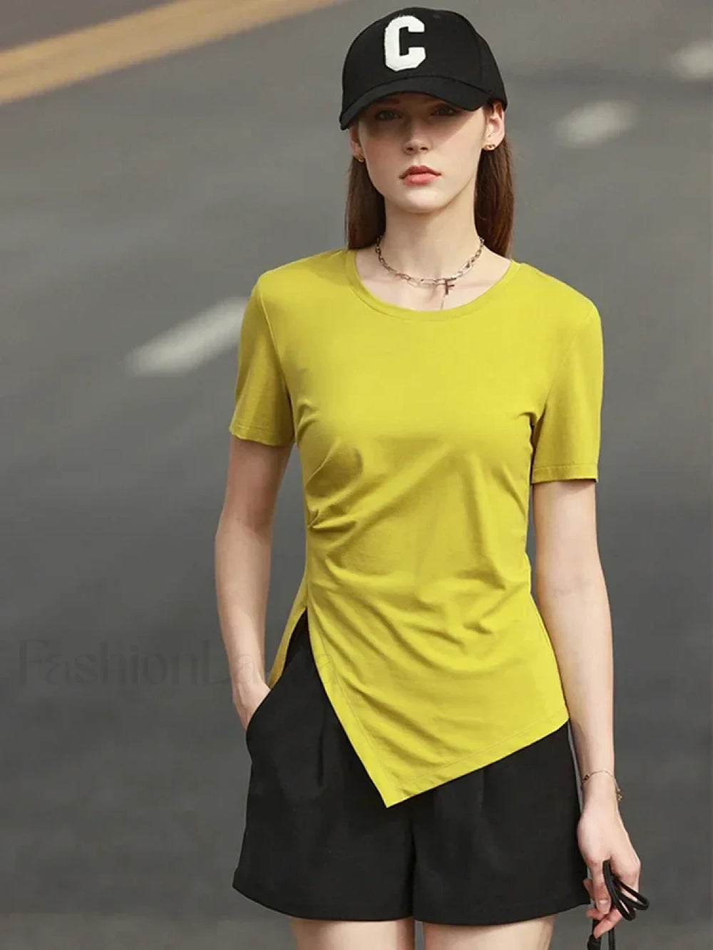 Asymmetric Neck Solid T Shirt mustard green / S