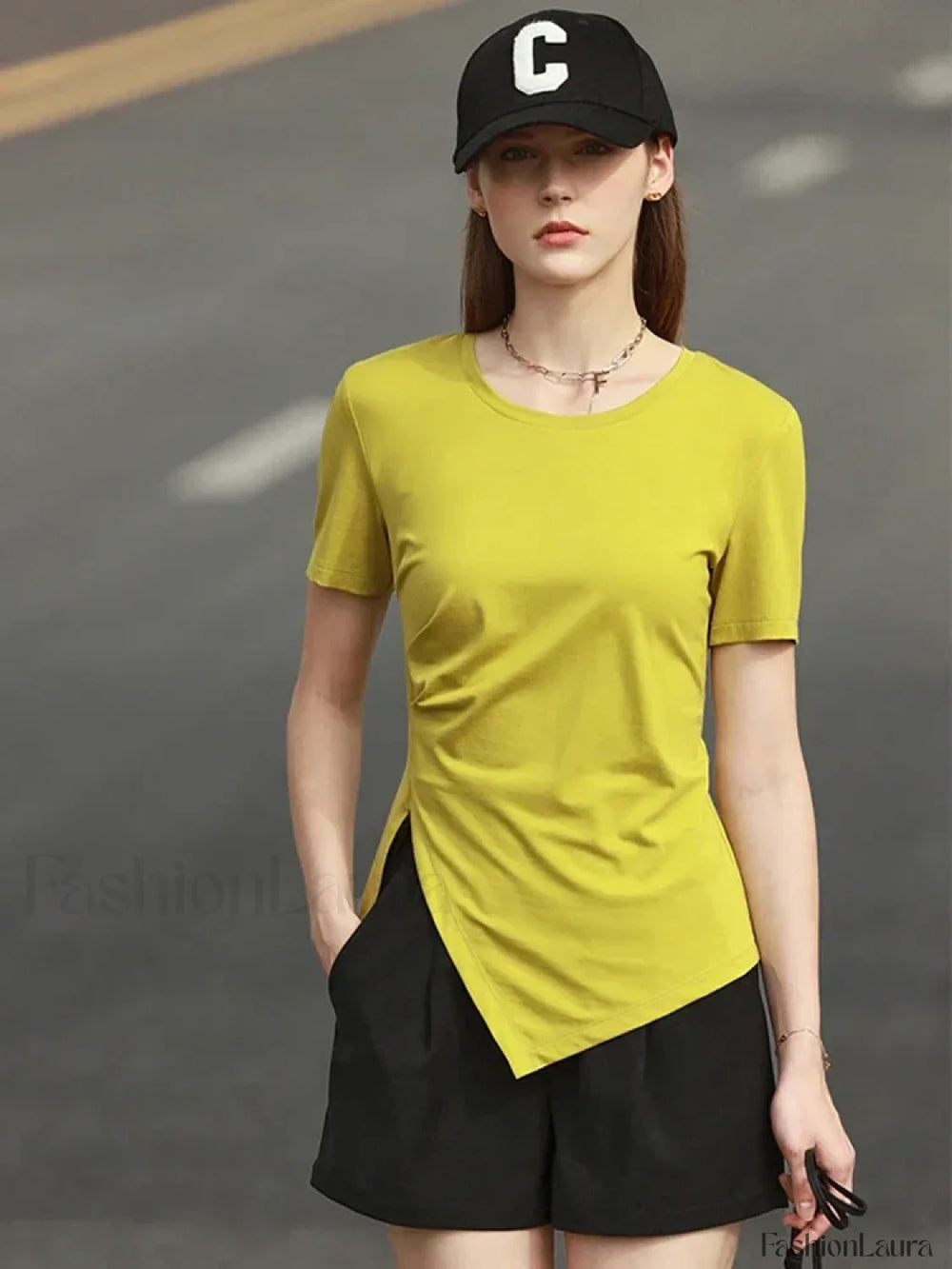 Asymmetric Neck Solid T Shirt mustard green / S