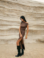 Asymmetric One Shoulder Split Knit Long Dress Knit Dresses